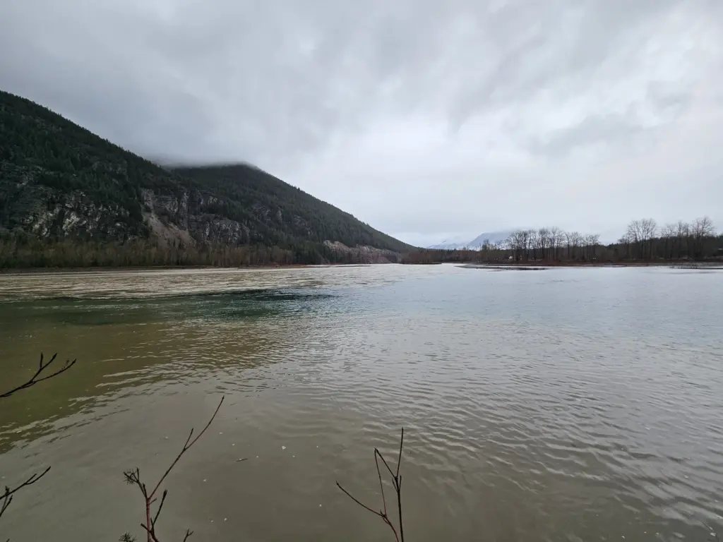 Thursday, Dec. 11th, 2025 10:36 MST Confluence Middle and South Forks of Flathead River looking upstream from HWY 2 near Hungry Horse, MT Photo