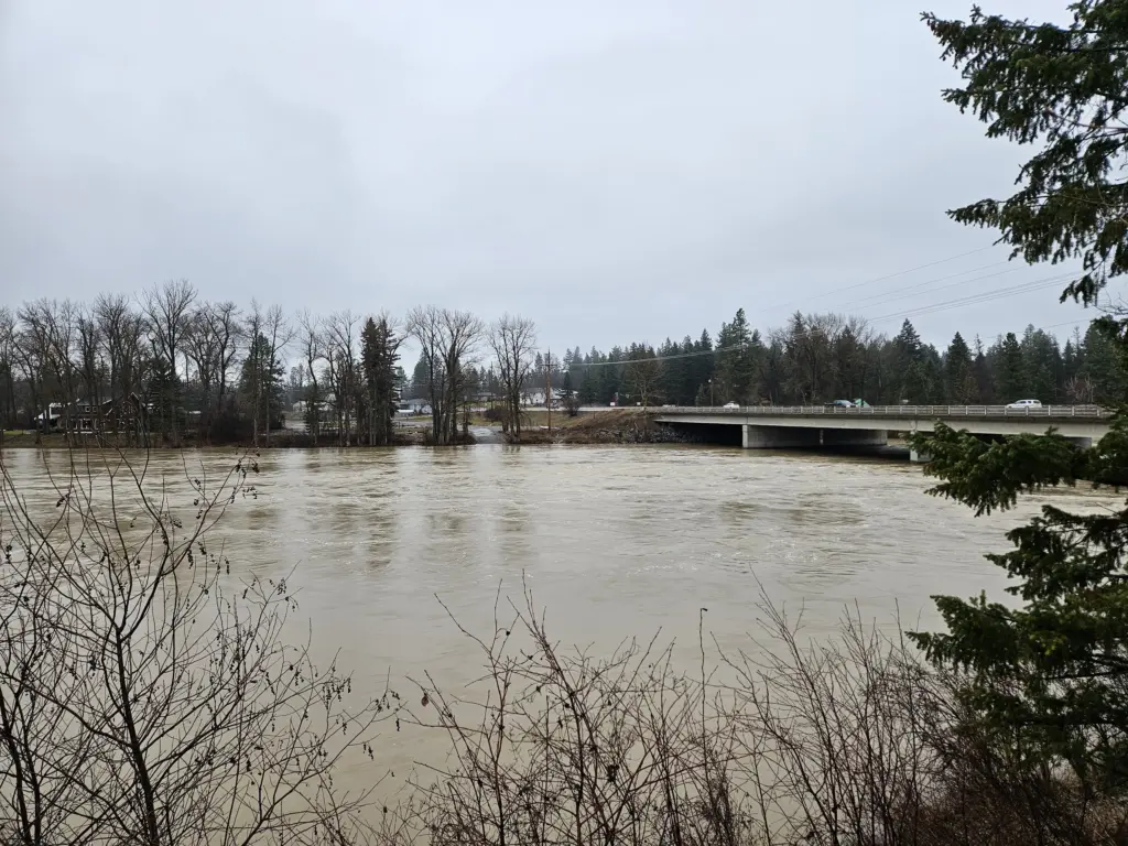 Friday, Dec. 12th, 2025 12:49 MST Mainstem of Flathead River looking west towards Teakettle River Boat Launch downstream of HWY 2 Bridge, near