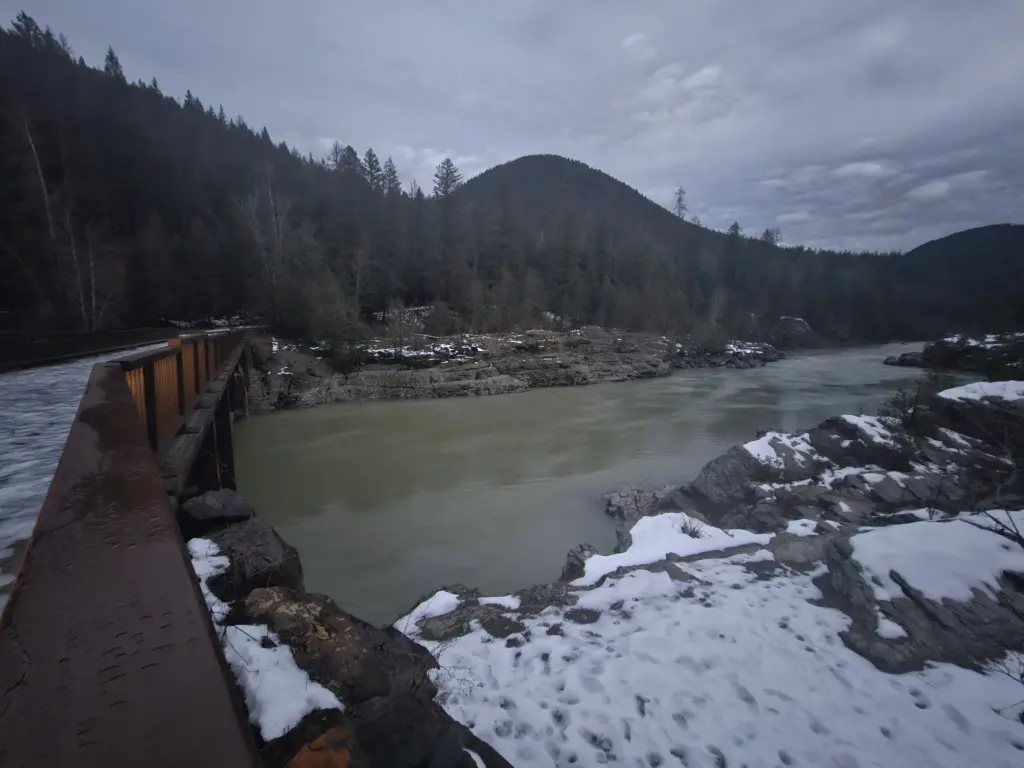 Thurs., Dec. 15th, 2025 07:50 AM MST Middle Fork of Flathead Wild & Scenic River looking upstream of Belton Bridge towards Glacier National Park