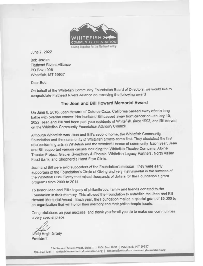 2022HowardMemorialAwardLetter WhitefishCommunityFoundation